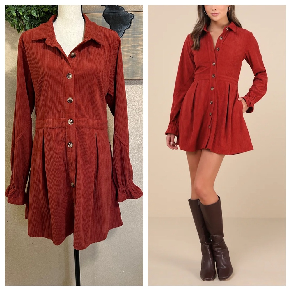 Lulu's Rust Red Corduroy Button-Front Long Sleeve Dress